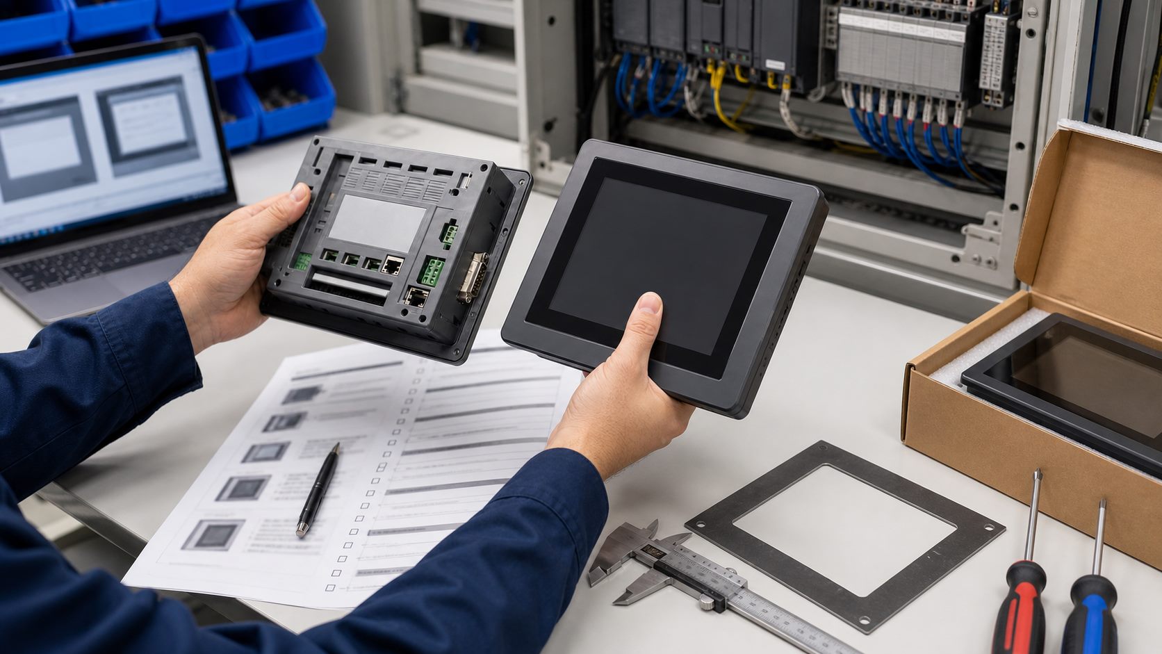 Engineer comparing old and new HMI panels during replacement verification