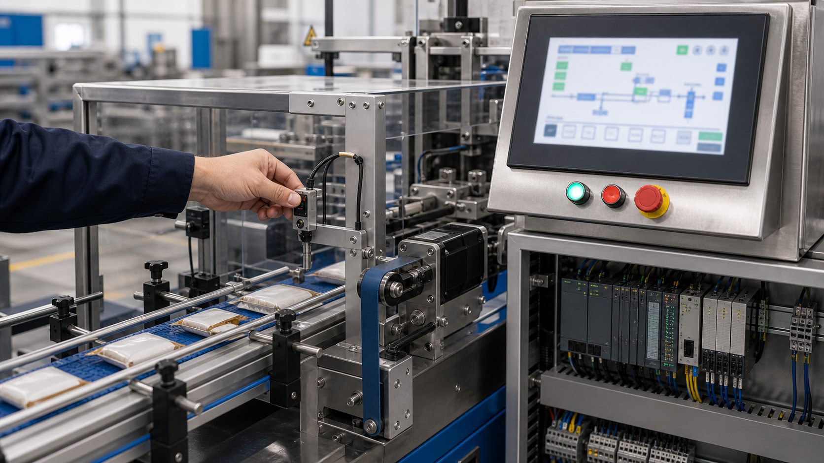 Packaging machine automation with HMI, sensors and servo-driven station