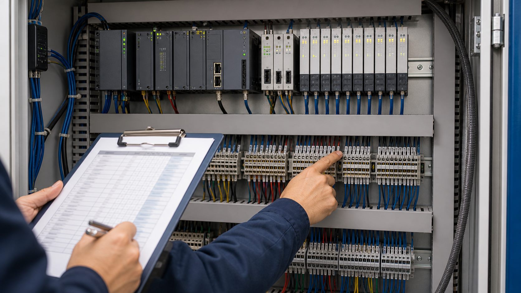 Engineer checking PLC I/O terminals against an I/O list