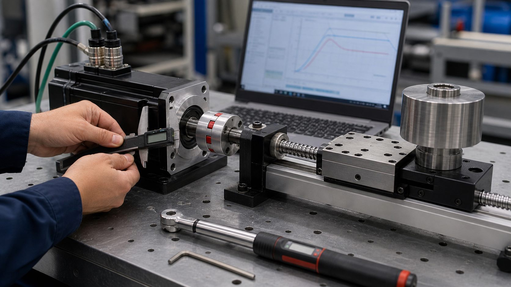 Servo motor and mechanical load test bench for inertia sizing