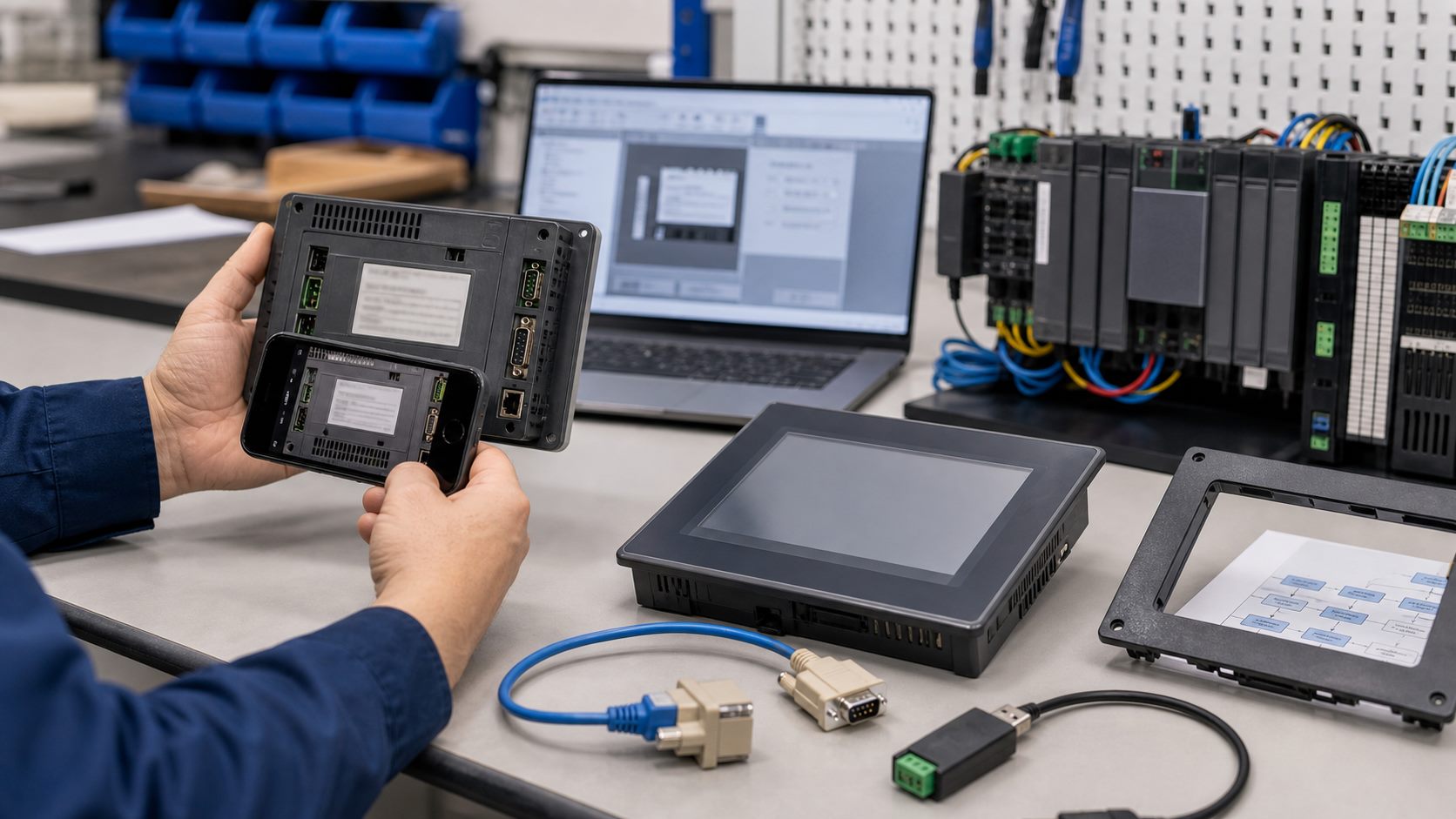 Technician documenting a 7-inch HMI replacement and project migration workflow